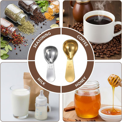 2 Piece Tablespoon Scoop 2 Tbsp Scoop Coffee Tablespoon Measuring Spoon (1 Tbsp, 2tbsp) Stainless Steel Coffee Measuring Scoops for Jars Tea Sugar (Silver, Gold)