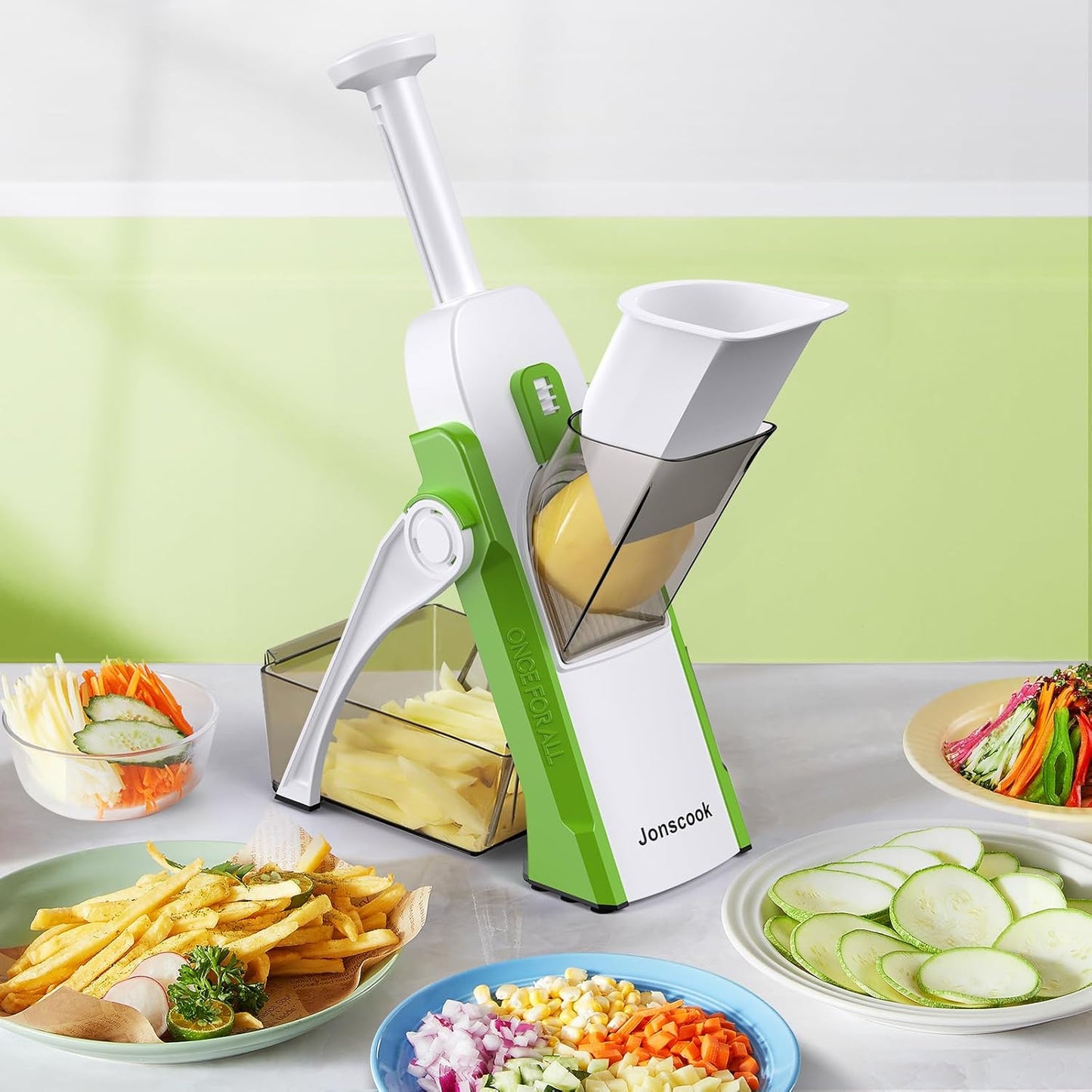 Safe Mandoline Slicer for Kitchen, Adjustable Thickness 0.1-8 mm, 5 in 1 Multi Vegetable Chopper, Potato Slicer, Food Chopper French Fry Cutte, Paring Knife/Cleaning Brush, Mandolin (BlackKnight)