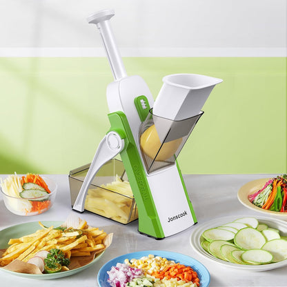 Safe Mandoline Slicer for Kitchen, Adjustable Thickness 0.1-8 mm, 5 in 1 Multi Vegetable Chopper, Potato Slicer, Food Chopper French Fry Cutte, Paring Knife/Cleaning Brush, Mandolin (BlackKnight)