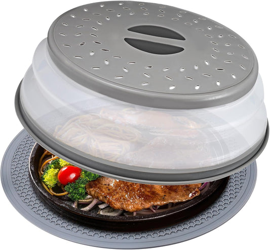 Microwave Splatter Cover Collapsible Microwave Cover for Food, Easy Grip Fruit Drainer BPA-Free Dishwasher Safe 10.5 inch,Grey
