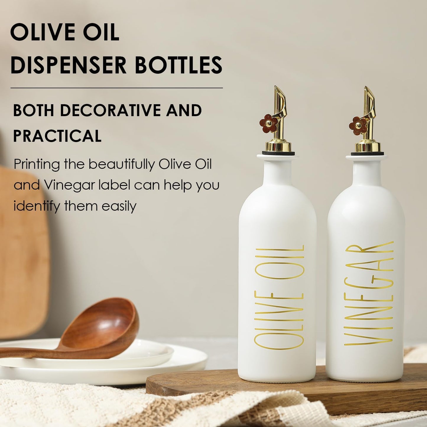HOMCDALY Premium Olive Oil Dispenser for Kitchen, 11.8oz Glass Oil Bottles with Bamboo Tray, White and Gold Oil&Vinegar Cruet Set, Kitchen Dispenser Bottles with Pourer| Set of 2 (11.8oz –P–Gold)