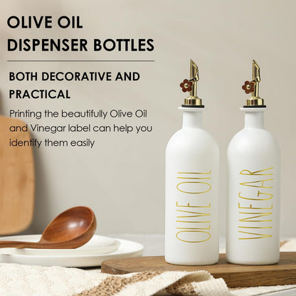 HOMCDALY Premium Olive Oil Dispenser for Kitchen, 11.8oz Glass Oil Bottles with Bamboo Tray, White and Gold Oil&Vinegar Cruet Set, Kitchen Dispenser Bottles with Pourer| Set of 2 (11.8oz –P–Gold)