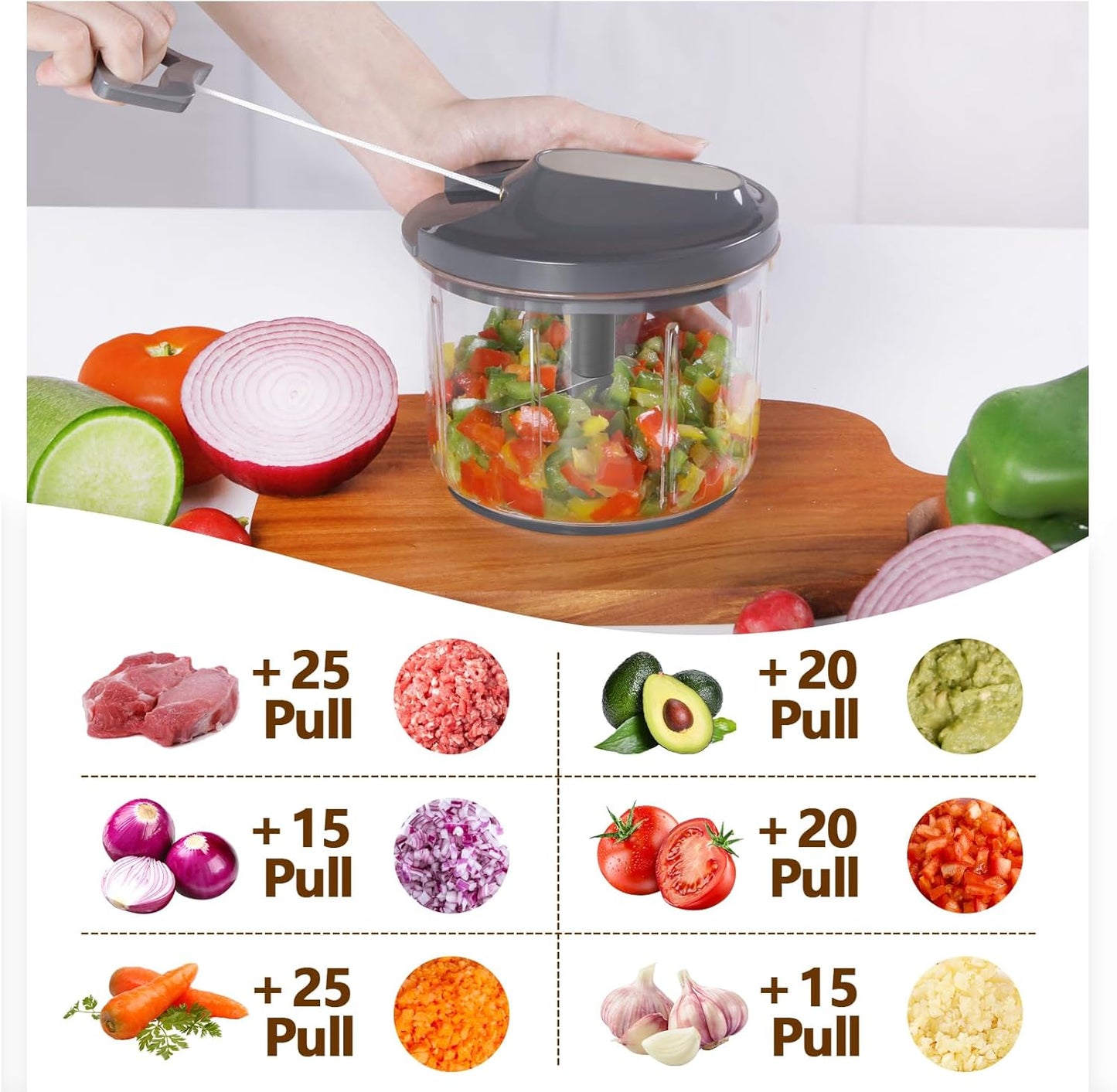 LHS Manual Food Processor Large Vegetable Chopper, 1000ML Pull String Chopper Garlic Mincer Onion Cutter for Veggies,Salad,Fruits, Nuts, BPA Free, Black