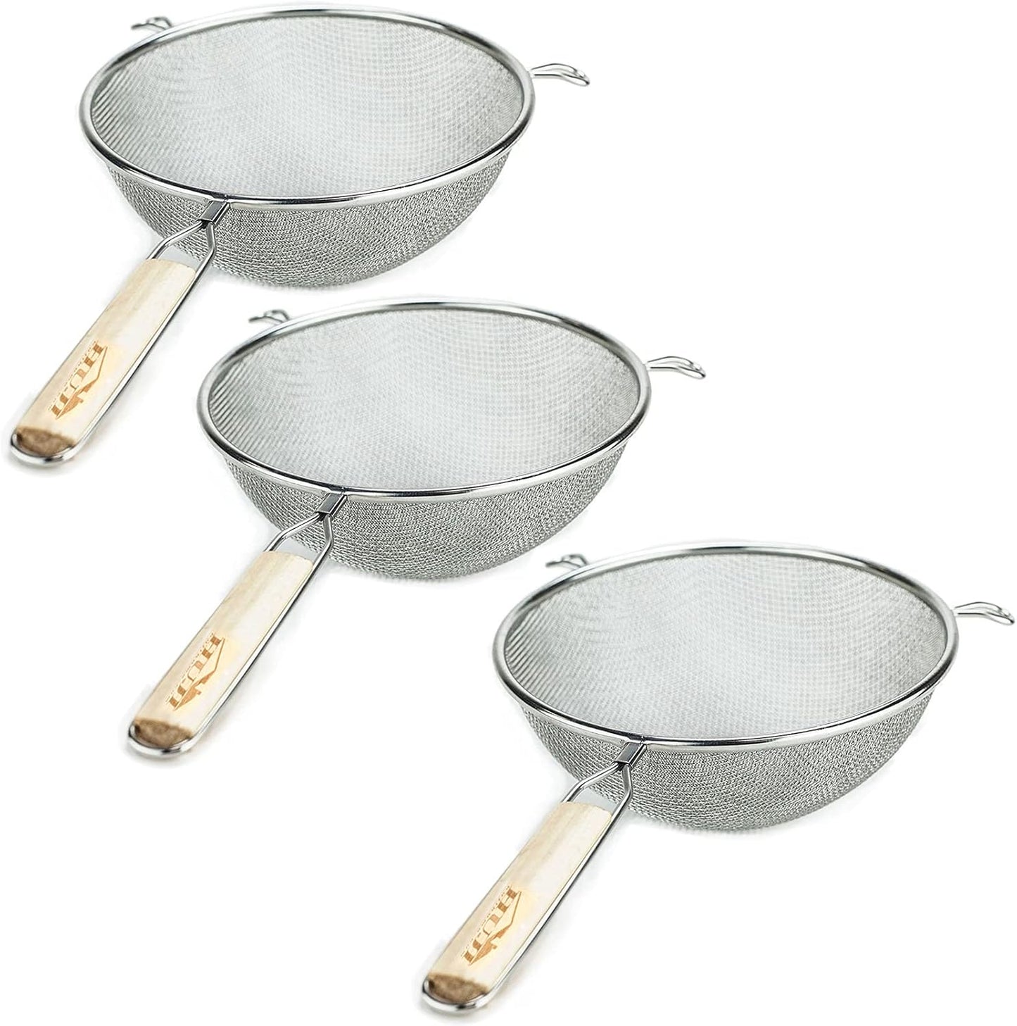 Huji 8-Inch Stainless Steel Double Mesh Food Strainer Colander - Fine Sieve Sifter with Wooden Handle for Kitchen Cooking, Pasta, Rice, Noodles, and More