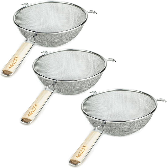 Huji 8-Inch Stainless Steel Double Mesh Food Strainer Colander - Fine Sieve Sifter with Wooden Handle for Kitchen Cooking, Pasta, Rice, Noodles, and More