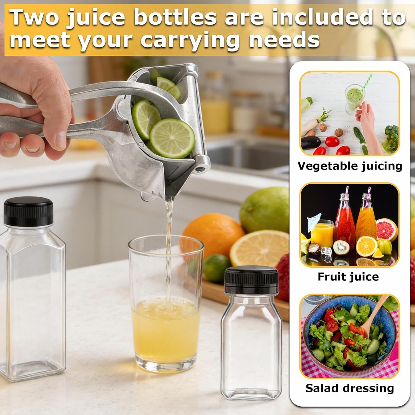 Fresh Fruit Juice Squeezer Handheld Aluminum Alloy,Hand Juicer Squeezer Lemon,Non-Slip Ergonomic Grip,Easy to Clean for Orange, Lemon, And Watermelon,with Two Beverage Bottles And A Cleaning Brush.