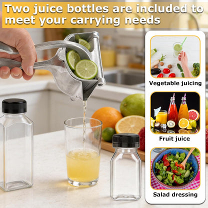 Fresh Fruit Juice Squeezer Handheld Aluminum Alloy,Hand Juicer Squeezer Lemon,Non-Slip Ergonomic Grip,Easy to Clean for Orange, Lemon, And Watermelon,with Two Beverage Bottles And A Cleaning Brush.