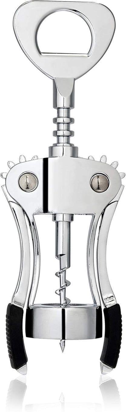 True Spiral Winged Corkscrew Wine Opener, Multi-Purpose Bottle Opener for Beers and Soft Drinks, Stainless Steel with Rubber Grip Wing Handle, for Bartenders, Home Bar, Kitchen, Restaurant, Silver