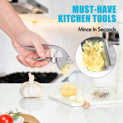 Garlic Press, Premium Metal Garlic Mincer Tool, Heavy Duty Garlic Crusher with Ergonomic Handle, Rust Proof & Dishwasher Safe, Easy to Squeeze and Clean -Silver