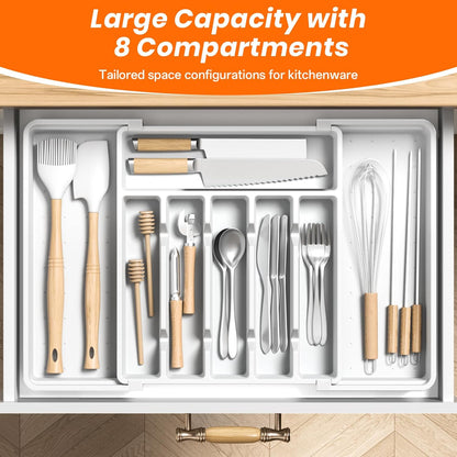 RoomHacks Large Silverware Organizer,Expandable Utensil Drawer Organizer,BPA Free Utensil Holder,Adjustable Silverware Tray Cutlery Drawer Organizer for Kitchen Flatware,Large,Black (6-8 Slots)
