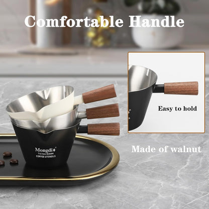 Mongdio Espresso Measuring Cup, Stainless Steel Espresso Shot Cups with Wooden Handle and Double Spouts, 6.8OZ/200ML, White