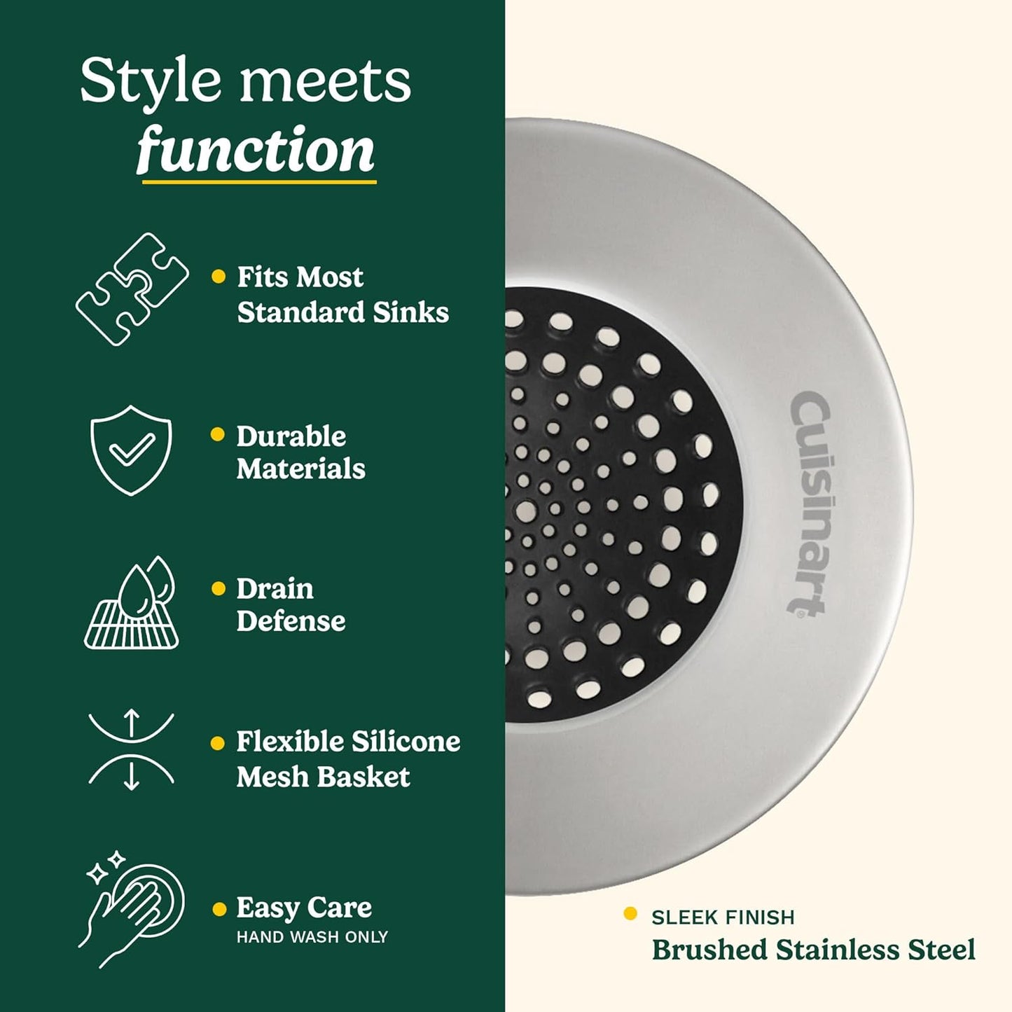 Cuisinart Sink Strainers- 2 Pack Kitchen Sink Drain Strainer & Food Catcher with Enamel-Coated Stainless Steel Rim and Silicone Base, Fits Standard 3.5" Drains, Outer Diameter 4.35", Scratch-Safe