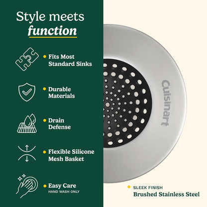 Cuisinart Sink Strainers- 2 Pack Kitchen Sink Drain Strainer & Food Catcher with Enamel-Coated Stainless Steel Rim and Silicone Base, Fits Standard 3.5" Drains, Outer Diameter 4.35", Scratch-Safe