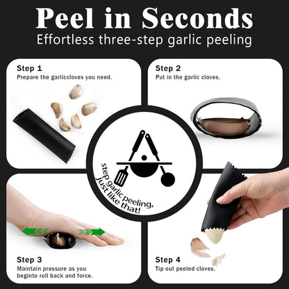 Garlic Press, Stainless Steel with Ergonomic Handle, Garlic Mincer, Easy Squeeze Rocker, Easy Clean, Scraper, Silicone Peeler, Brush (Black)