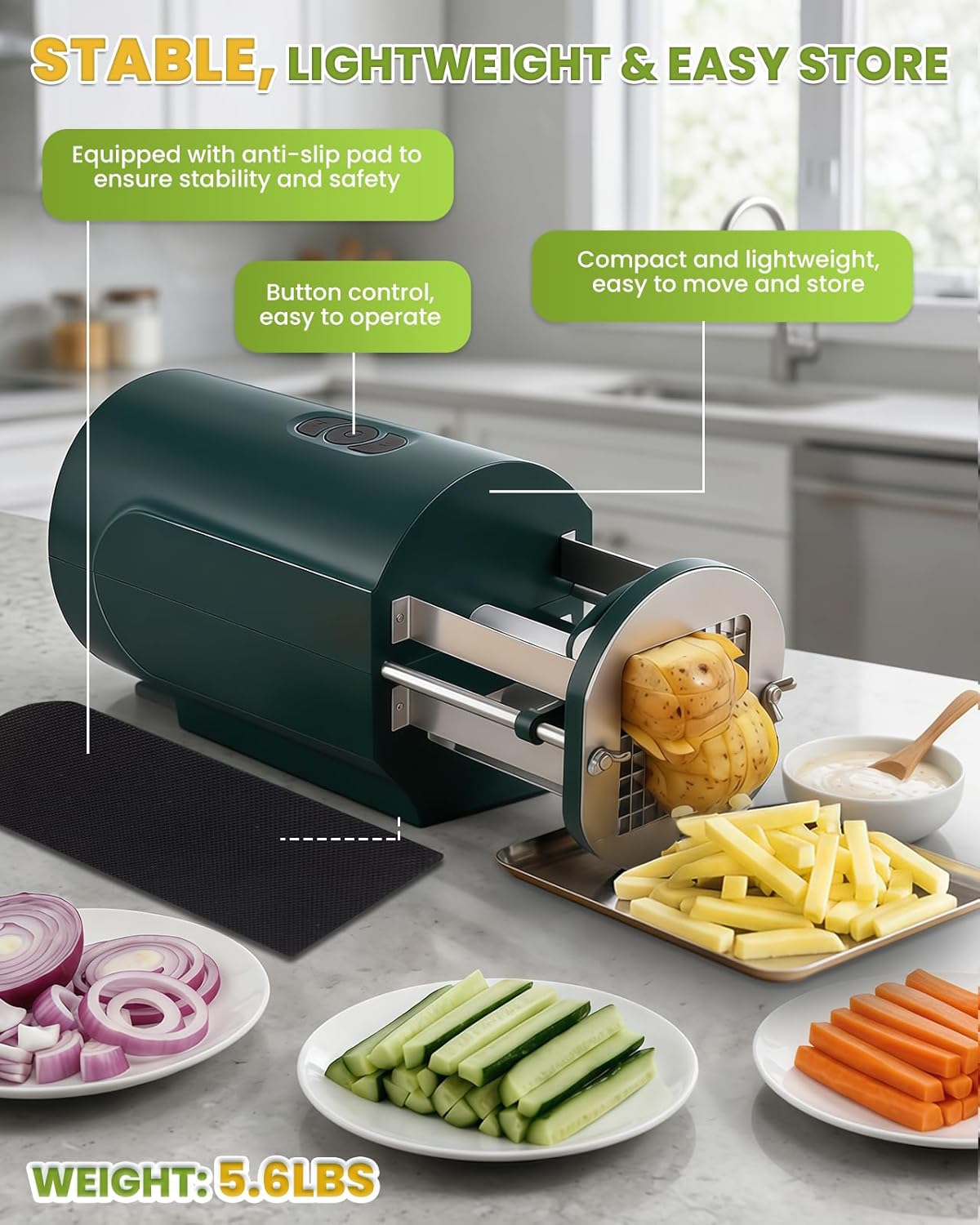 Electric French Fry Cutter with 1/2&3/8 Inch Stainless Steel Blades Professional Potato Cutter's Custom Tray, Automatic Efficient Vegetable Dicer for Carrots, Zucchini, Apples&Onions (Green)