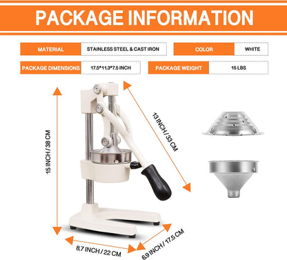 Commercial Heavy Duty Cast Iron Hand Press Manual Orange Citrus Lemon Lime Grapefruit Pomegranate Fruit Juice Squeezer Machine with Stainless Steel Cup