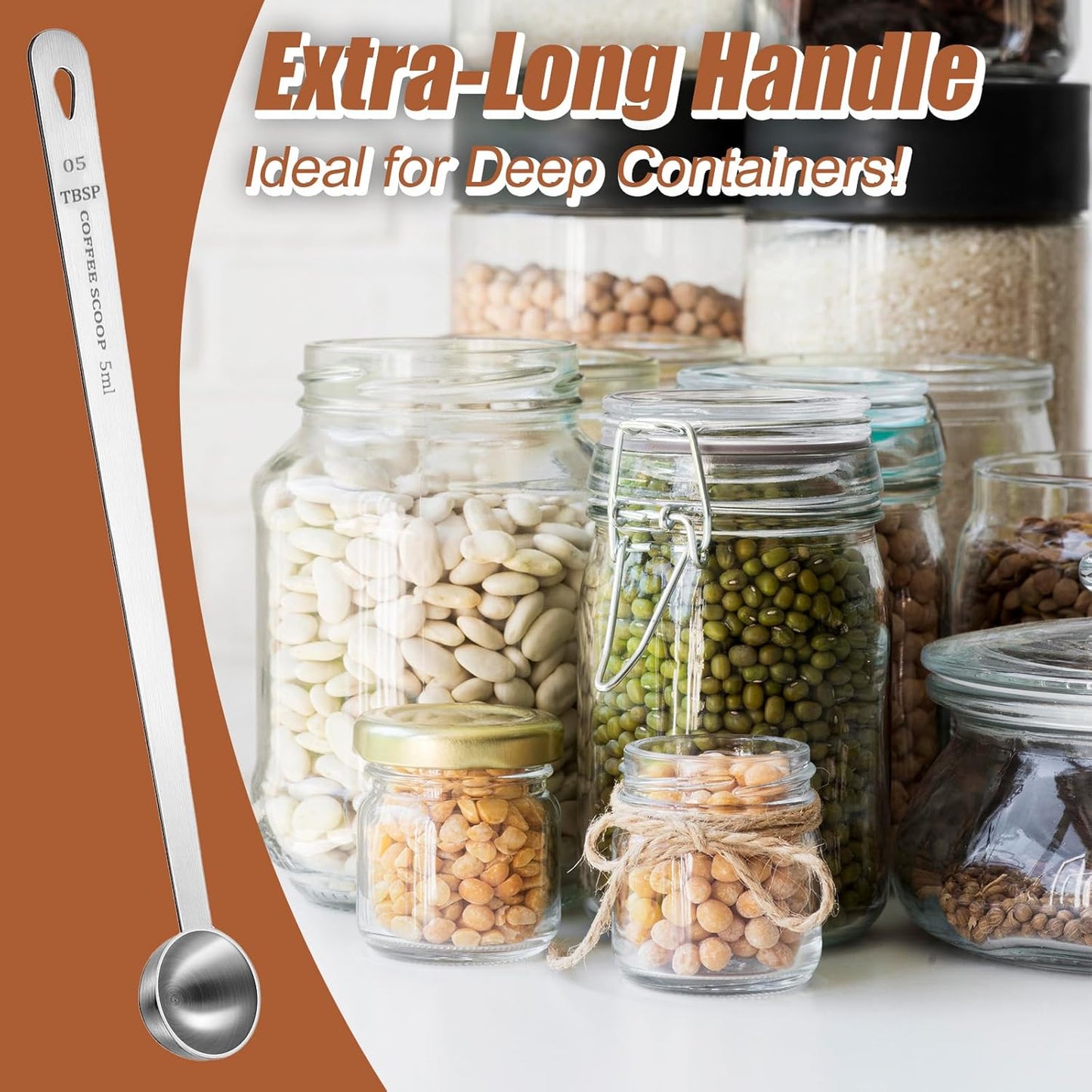 1Pcs Long Handle Measuring Spoons 1 Teaspoon Scoop Long Handle 5ml Teaspoon Measuring Spoon Stainless Steel 1Tsp Scoop 1/3tbsp, Silver