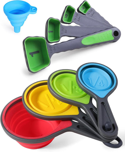 Measuring Cup and Spoon Set, Collapsible Measuring Cup, 8 Piece Measuring Tools and 1 Funnel, Engraved Metric/US Markings, for Liquid and Dry Measurements, Space Saving, BPA Free Silicone, Colorful