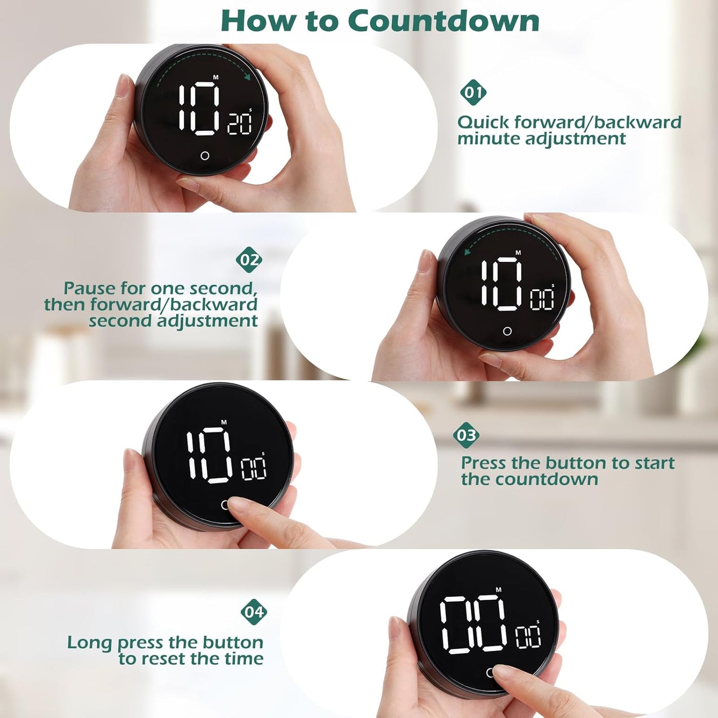 GeeRic Digital Kitchen Timers, 199 Minutes Countdown Countup Rotary Timer, Large LED Stopwatch, Volume Adjustable Kitchen, Study, Workout, and Office Timer Black