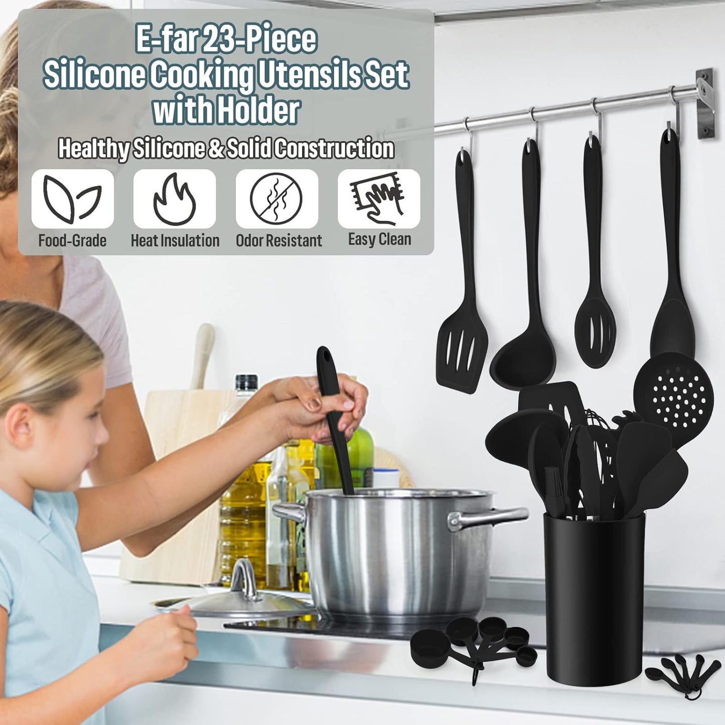 E-far Silicone Cooking Utensils Set, 7-Piece Black Heat Resistant Kitchen Utensils Set, Kitchen Nonstick Tools Spatula Ladle Spoon Pasta Server for Non-stick Cookware, Non-Toxic & Dishwasher safe