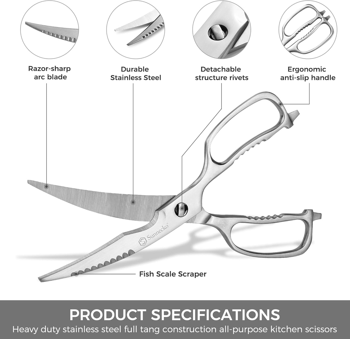 Sunnecko Kitchen Scissors All Purpose Heavy Duty Scissors Titanium Coated, Kitchen Shears for Food, Micro Serrated with Detachable Blades