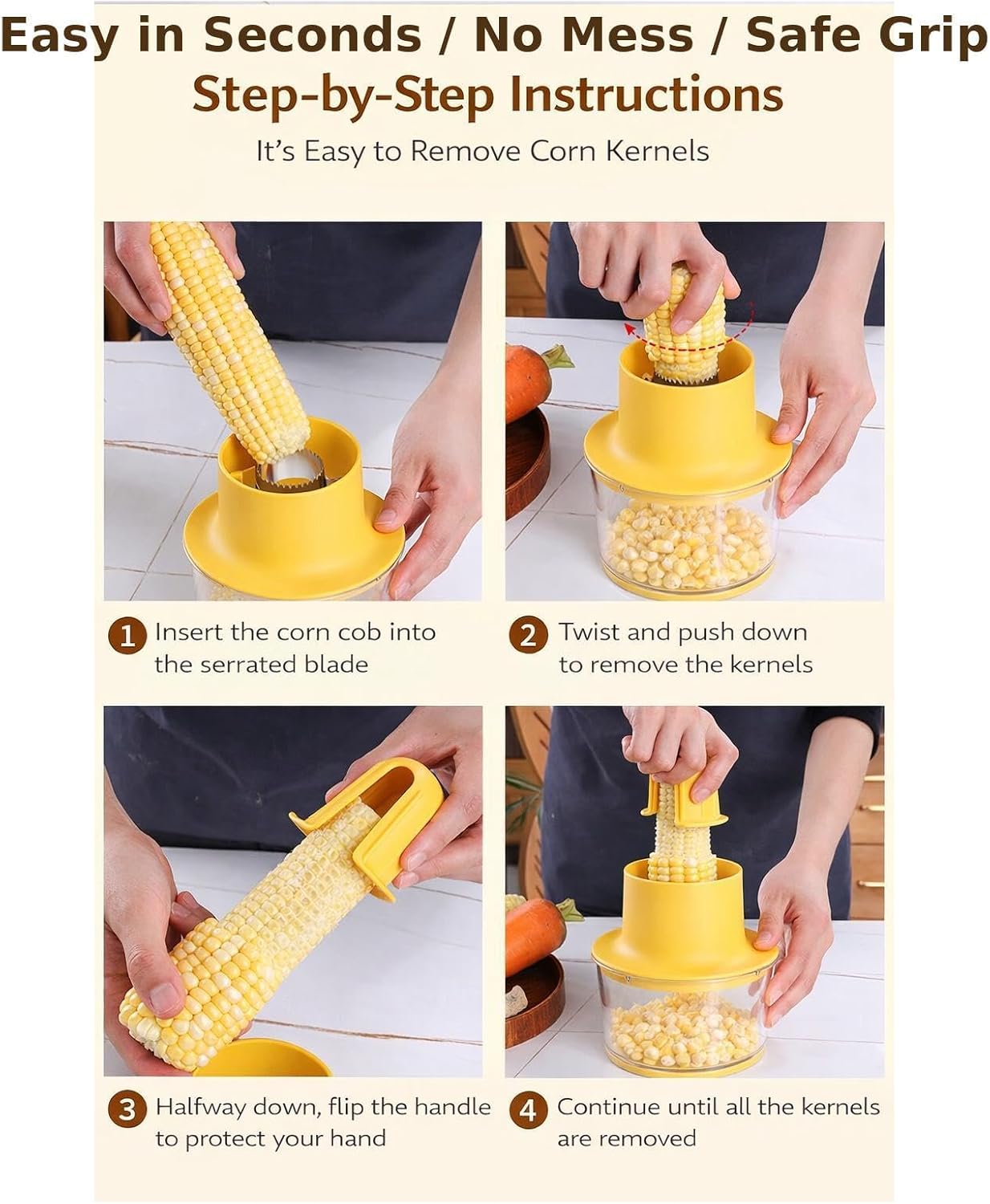 Corn Kernel Remover Tool, Stainless Steel Corn Stripper, Easy Corn Cob Peeler, Safe Grip Kitchen Gadget, Removes Corn in Seconds, No Mess, BPA Free Container (1, Yellow)