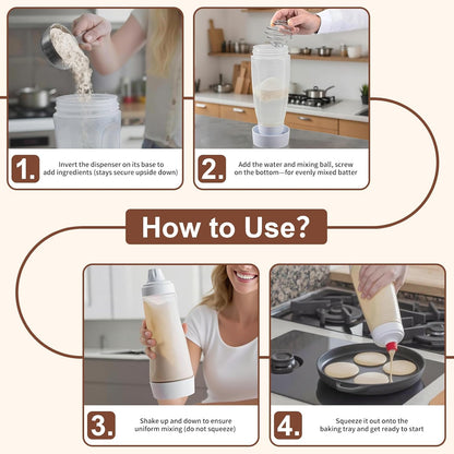 bCrush Pancake Batter Dispenser with Blender Balls, Equipped with Silicone Spatula Pancake Mixer Bottle, Kitchen Batter Squeezer Bottle Suitable for Cupcakes, Pancakes, and Muffins
