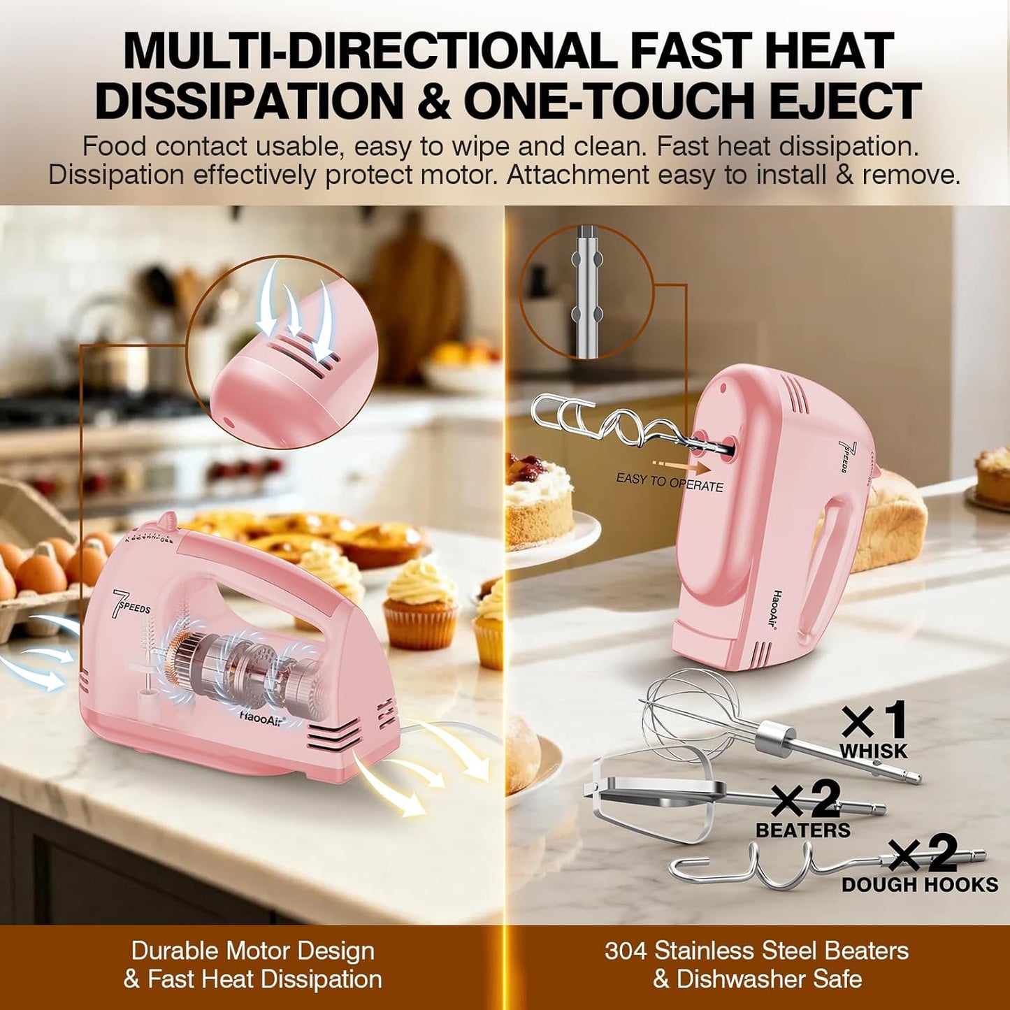 Electric Handheld Mixer, 7-Speed Adjustable Kitchen Mixer, 5 Stainless Steel Accessories (2 * Dough Hooks, 2 * Beaters, 1 * Whisk), Perfect for Kitchen and Baking Food Mixers, Blue