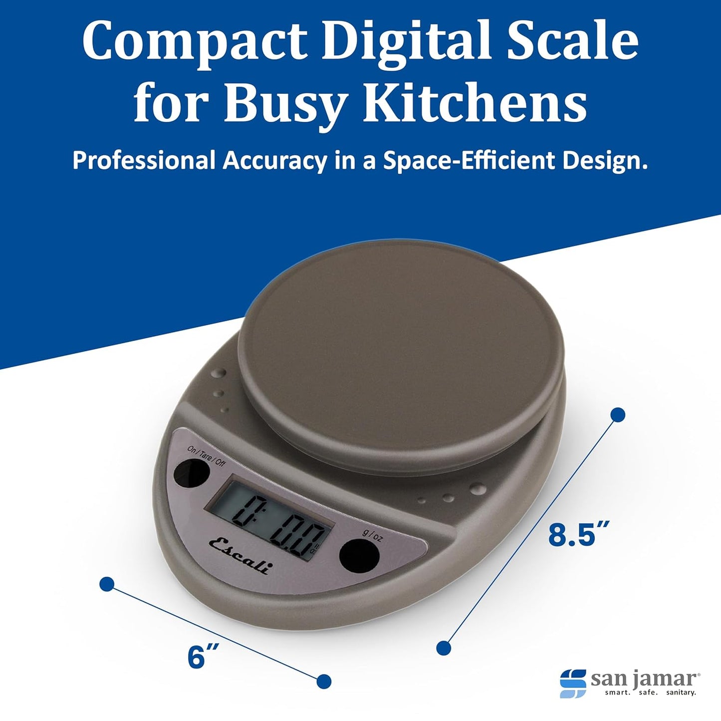 San Jamar Escali Digital Kitchen Scale, 11 lb Capacity, Tare Function, Precise Readout, Compact 8.5" x 6", Metallic Plastic (Model SCDG11M)
