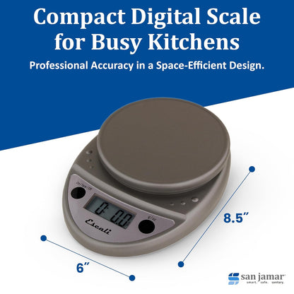 San Jamar Escali Digital Kitchen Scale, 11 lb Capacity, Tare Function, Precise Readout, Compact 8.5" x 6", Metallic Plastic (Model SCDG11M)