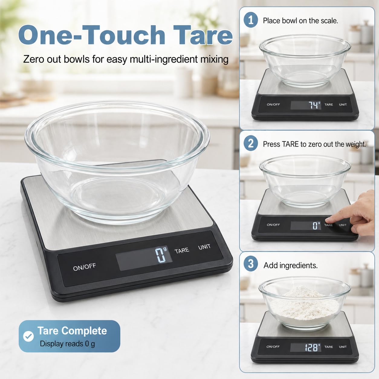 33LB/15KG Digital Kitchen & Food Scale – Waterproof Stainless Steel, USB Rechargeable, 1g Precision, Tare Function for Cooking, Baking, Meal Prep