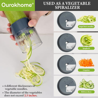 Ourokhome Veggie Chopper and Dicer with Container, Manual Hand Food Mandolin Slicer with 4 in 1 Handheld Vegetable Spiralizer for Zucchini, Potato, Onion, Essential Kitchen Gadgets (12 in 1, Gray)