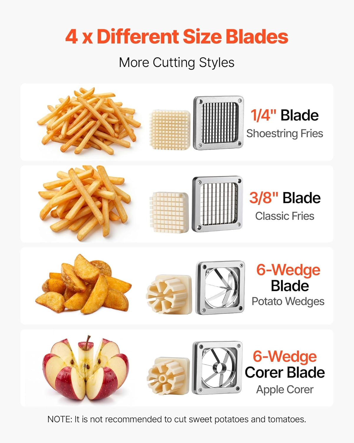 VEVOR French Fry Cutter, Commercial Vegetable Chopper with 4 Blades - 1/4", 3/8", 6-Wedge Slicer & Apple Corer - Wall Mount Stainless Steel Potato Cutter, for Home & Restaurant Use