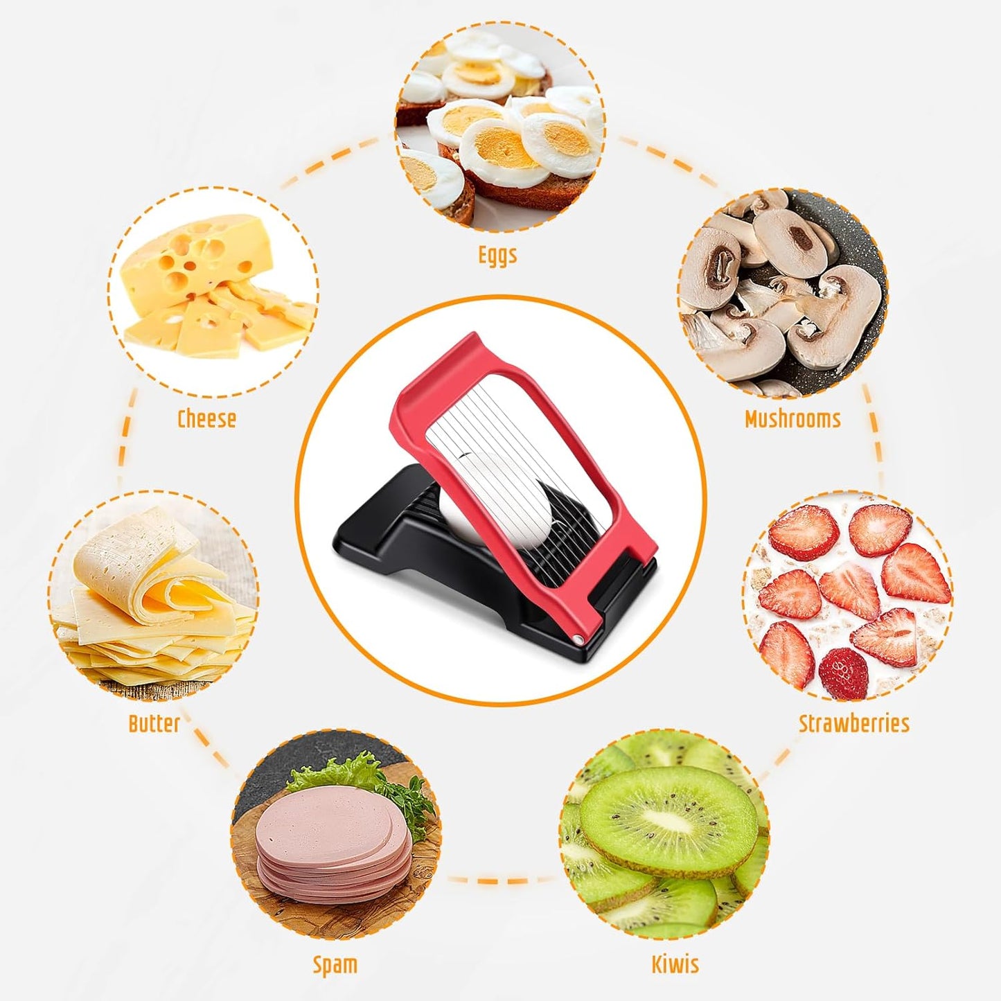 Egg Slicer for Hard Boiled Eggs, Stainless Steel Wire, Multipurpose Heavy Duty Aluminium Egg Cutter for Egg, Salads, Sandwiches, Strawberries, Mushrooms, Soft Cheese, Red