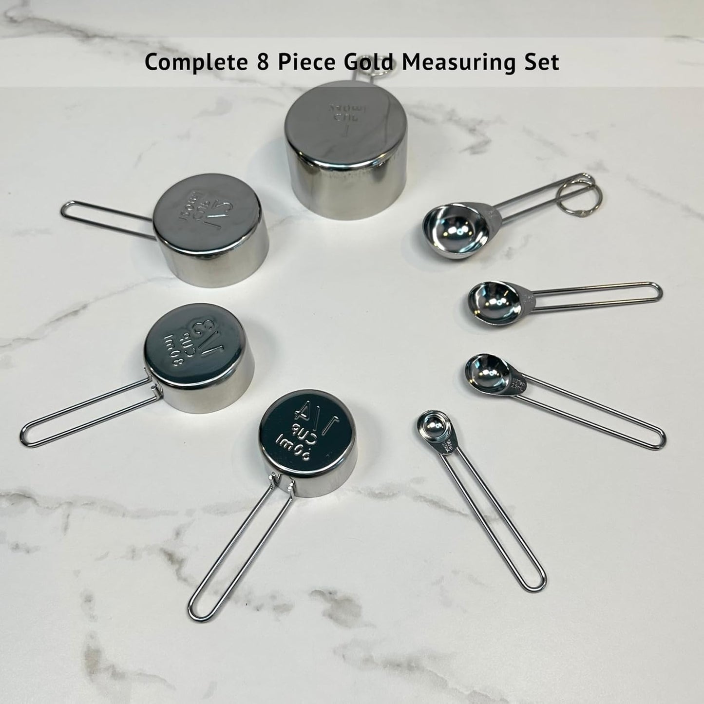Silver Stainless Steel Measuring Cups and Spoons Set, 8 Piece, Engraved Measurements, Durable Nesting Kitchen Set