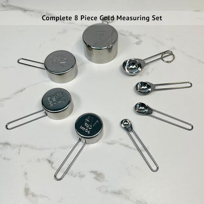 Silver Stainless Steel Measuring Cups and Spoons Set, 8 Piece, Engraved Measurements, Durable Nesting Kitchen Set