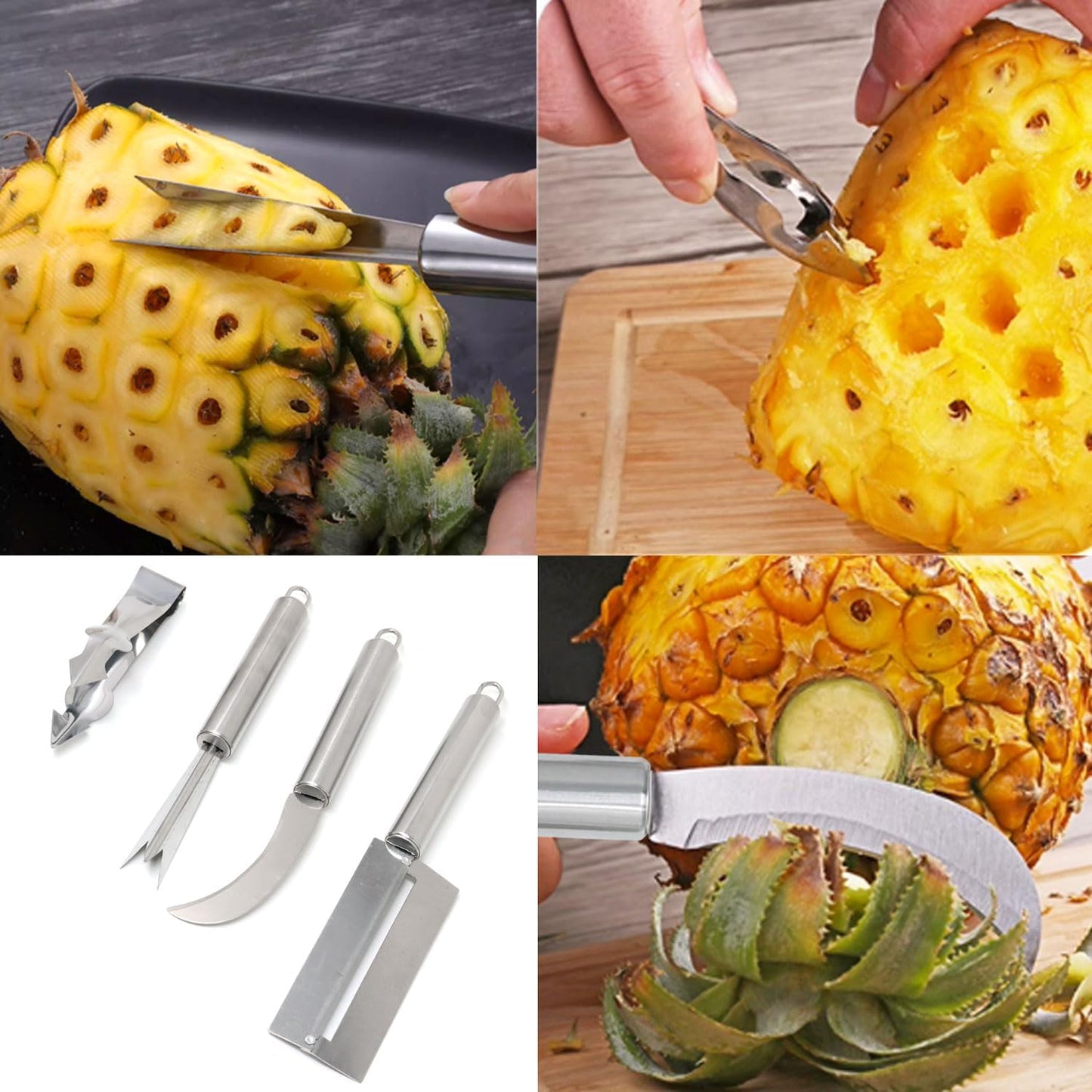Honbay 4PCS Stainless Steel Pineapple Peeler Tool Pineapple Eye Remover Pineapple Sugarcane Peeling Kinves for Home Kitchen Store Supermarket Fruit (4 Style)