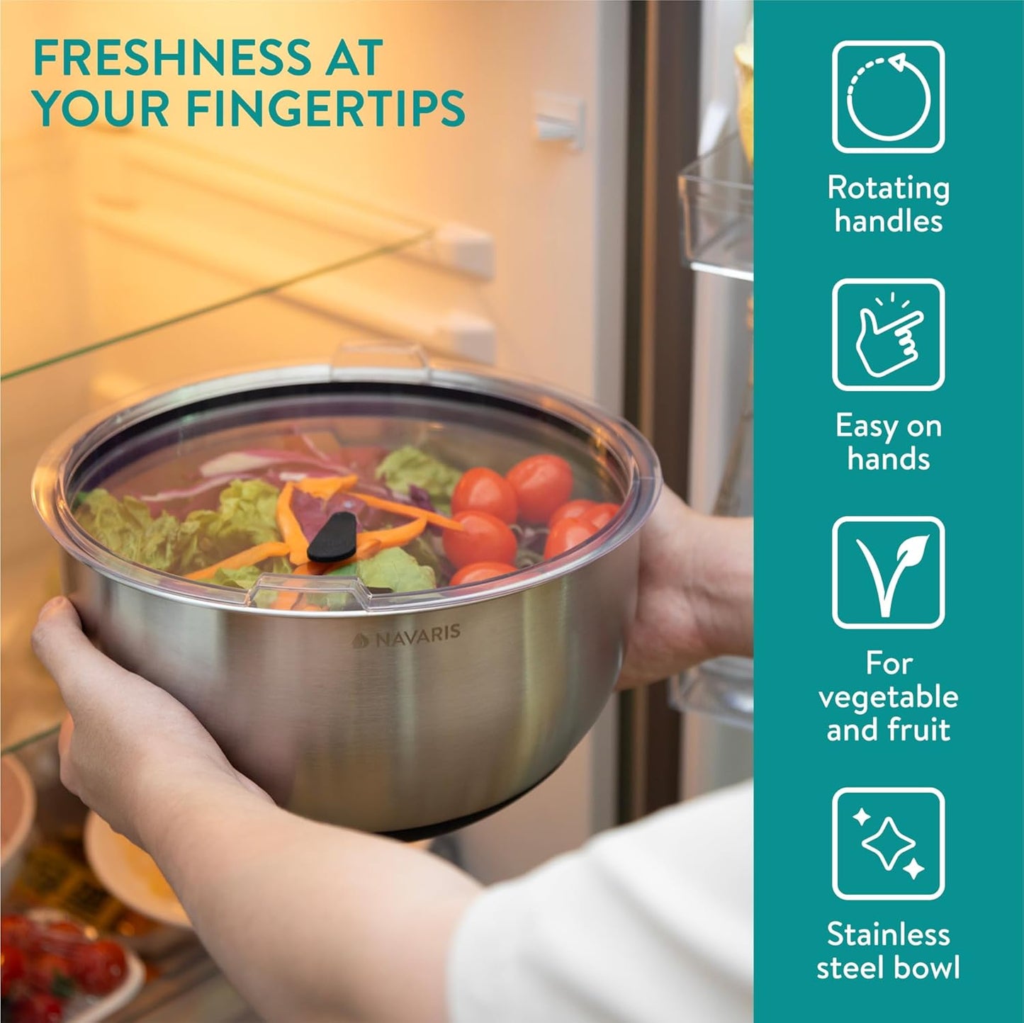 Navaris Salad Spinner with Storage Lid - Durable Stainless Steel Vegetable & Lettuce Dryer Set - Non-Slip Silicone Base - Includes Plastic Colander and Extra Storage Lid - Black