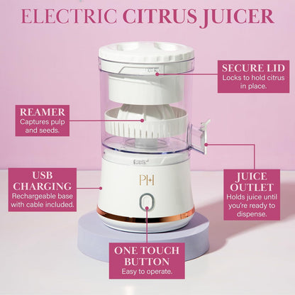 Paris Hilton Electric Citrus Juicer, Mini Portable Cordless Juicer with USB Rechargeable Base, One-Touch Button, Compact Lemon, Lime and Orange Juicer, Pink
