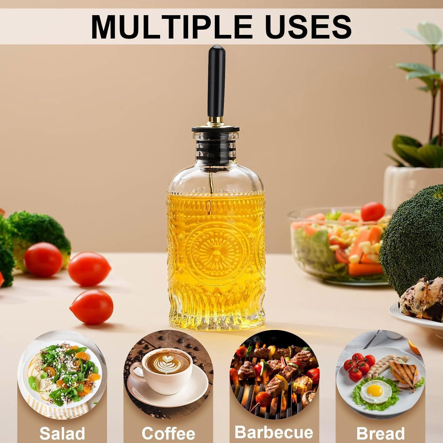 gegewawa Olive Oil Dispenser Bottle for Kitchen with Metal Spout, Glass Oil Bottles 7OZ, Elegant Glass Cooking Dispenser for Kitchen
