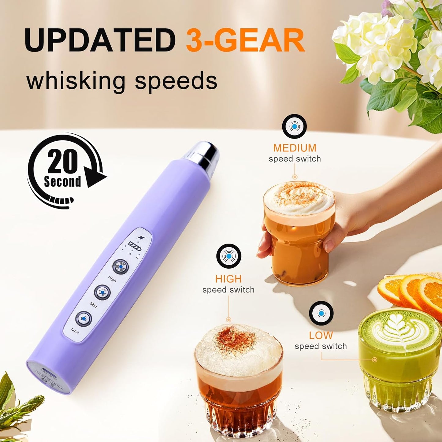 YUSWKO Black Handheld Milk Frother Wand for Coffee, Rechargeable Electric Whisk with 3 Heads 3 Speeds Drink Mixer Coffee Frother For Latte, Cappuccino, Hot Chocolate, Egg