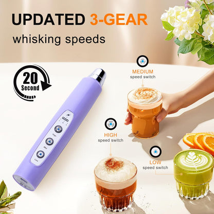 YUSWKO Black Handheld Milk Frother Wand for Coffee, Rechargeable Electric Whisk with 3 Heads 3 Speeds Drink Mixer Coffee Frother For Latte, Cappuccino, Hot Chocolate, Egg