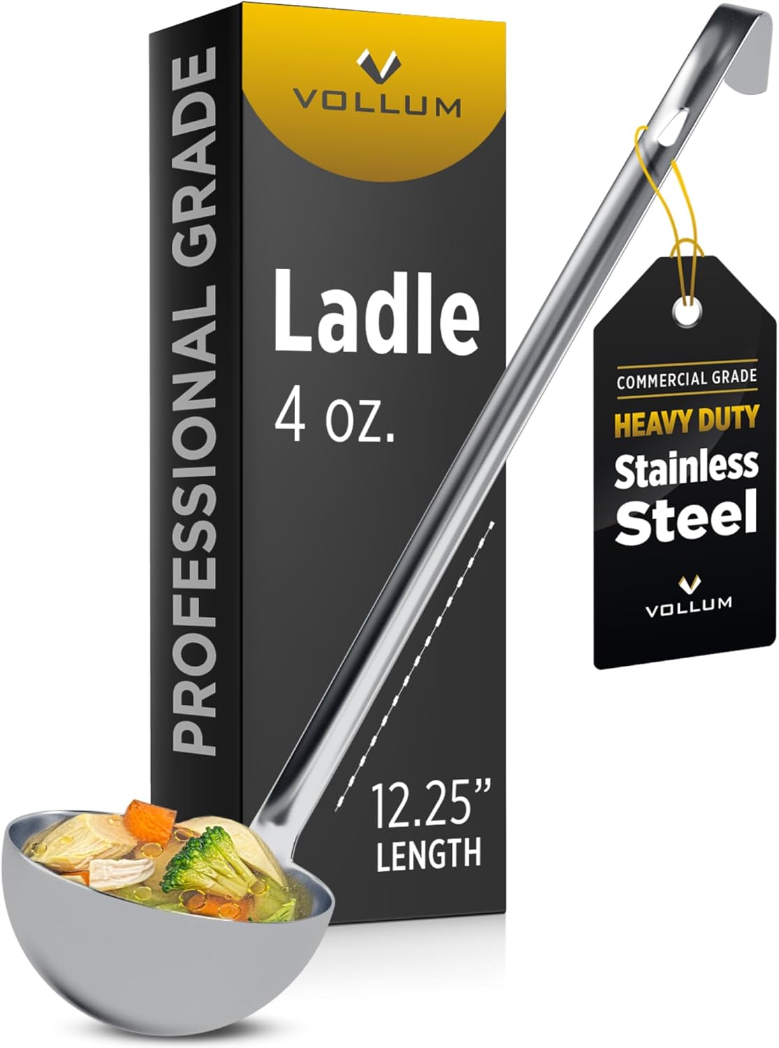 Vollum 1-Piece Stainless Steel Ladle - Heavy Duty Commercial Thick Stainless Steel - 8 Ounce (3.9" Bowl Diameter, 15.1" Handle Length)