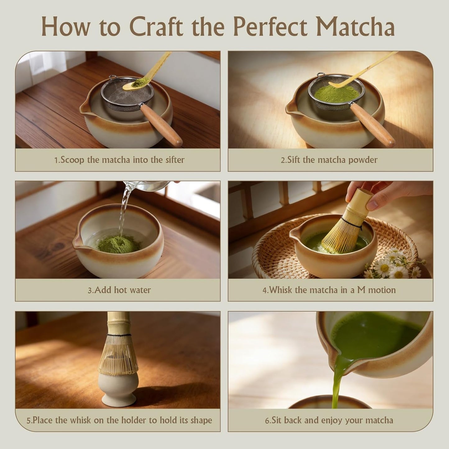 Matcha Whisk Set, 6-Piece Matcha Kit with Bamboo Whisk, Handmade Ceramic Matcha Bowl with Scoop, Holder & Sifter - Traditional Japanese Tea Ceremony Set, Matcha Gift Set for Beginners