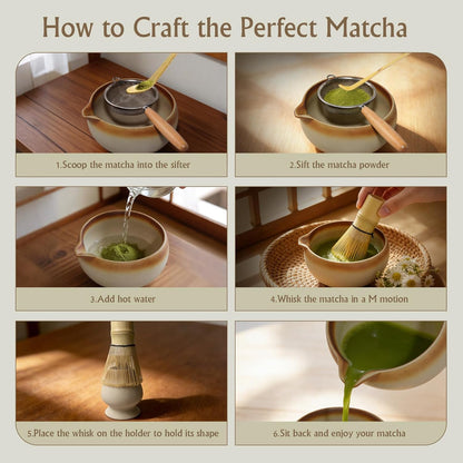 Matcha Whisk Set, 6-Piece Matcha Kit with Bamboo Whisk, Handmade Ceramic Matcha Bowl with Scoop, Holder & Sifter - Traditional Japanese Tea Ceremony Set, Matcha Gift Set for Beginners