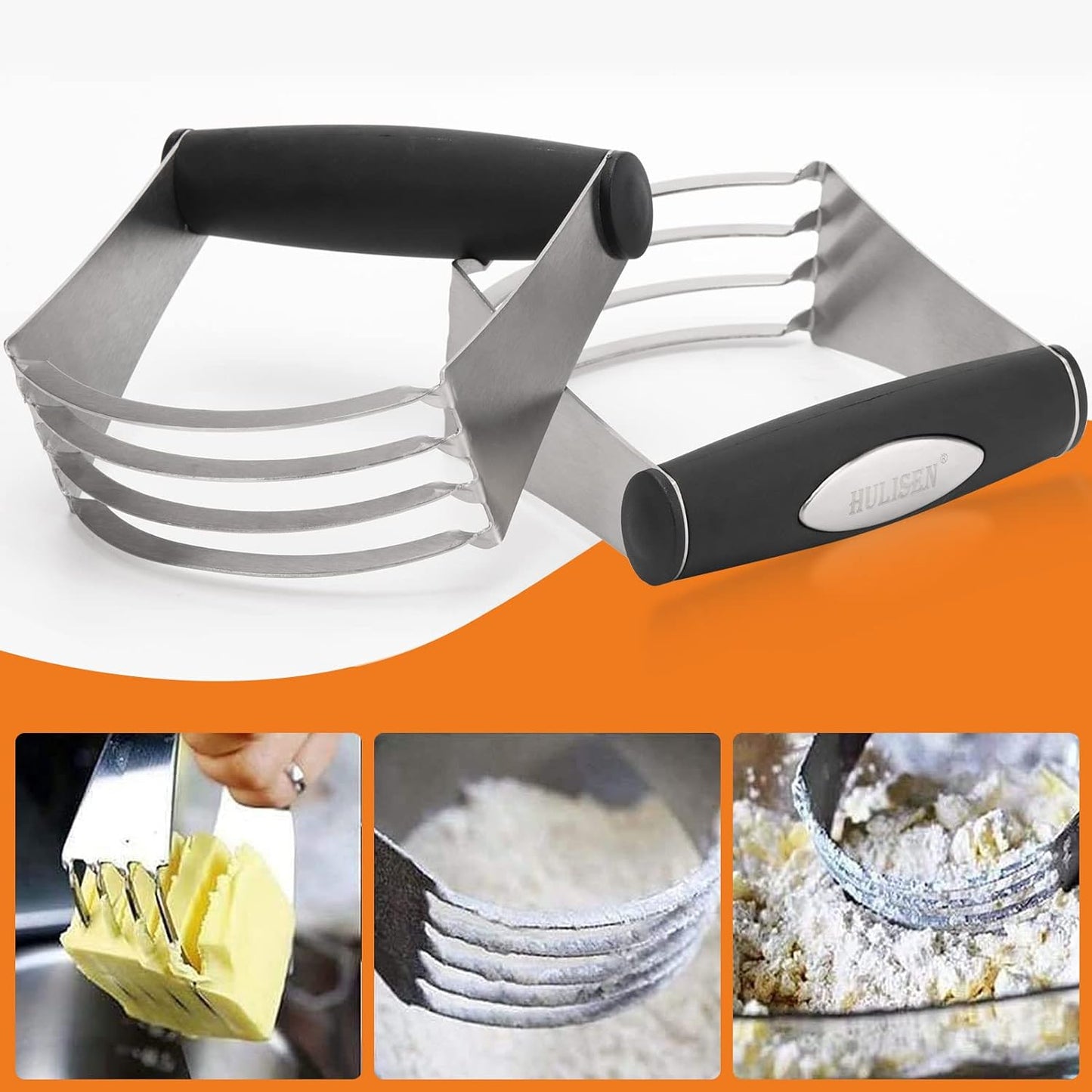 HULISEN Stainless Steel Biscuit Cutter Set, Pastry Scraper and Dough Blender, Sturdy & Long-Lasting with Ergonomic Rubber Grip, Professional Baking Dough Tools, Gift Package (3 Pcs/Set)