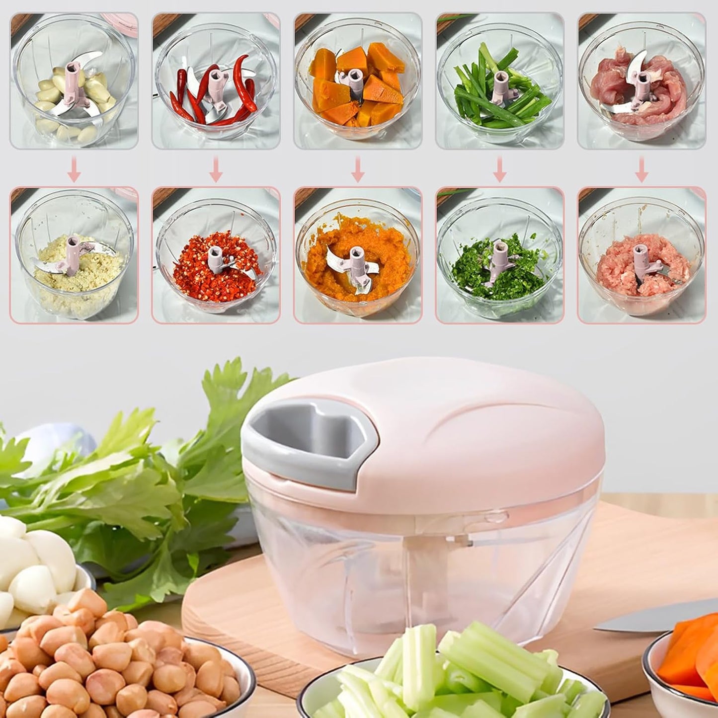 Vegetable Chopper Manual Hand Pull String Onion and Garlic Mincer Chopper 500ml Small Fruit and Veggie Cutter Portable for Ginger Chili Pepper Meat Salad - Pink