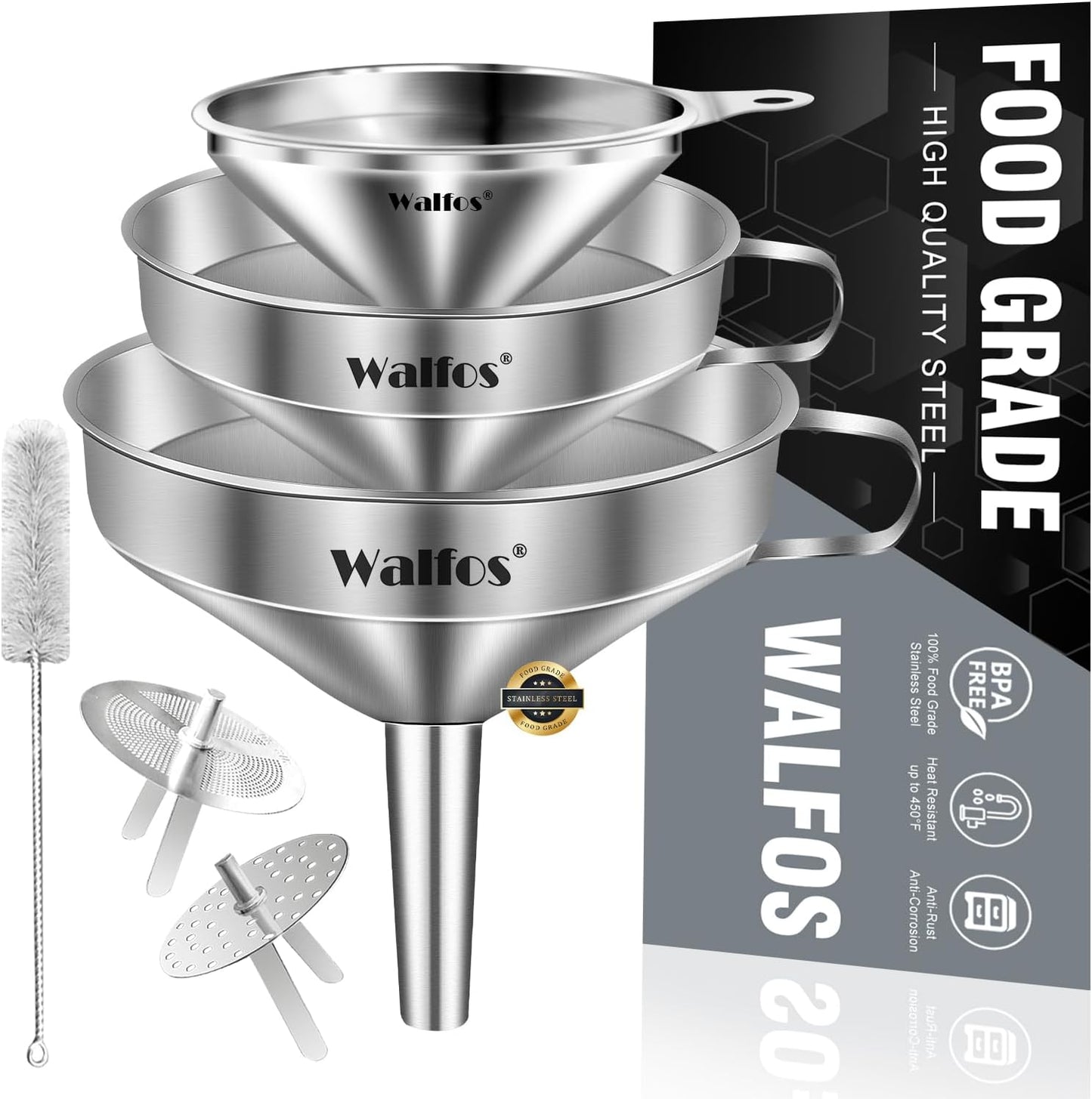 Stainless Steel Funnel, Walfos 3 Pack Kitchen Funnel with 2 Removable Strainer ＆ 1Pcs Cleaning Brush, Perfect for Transferring of Liquid, Oils, Jam, Dry Ingredients & Powder