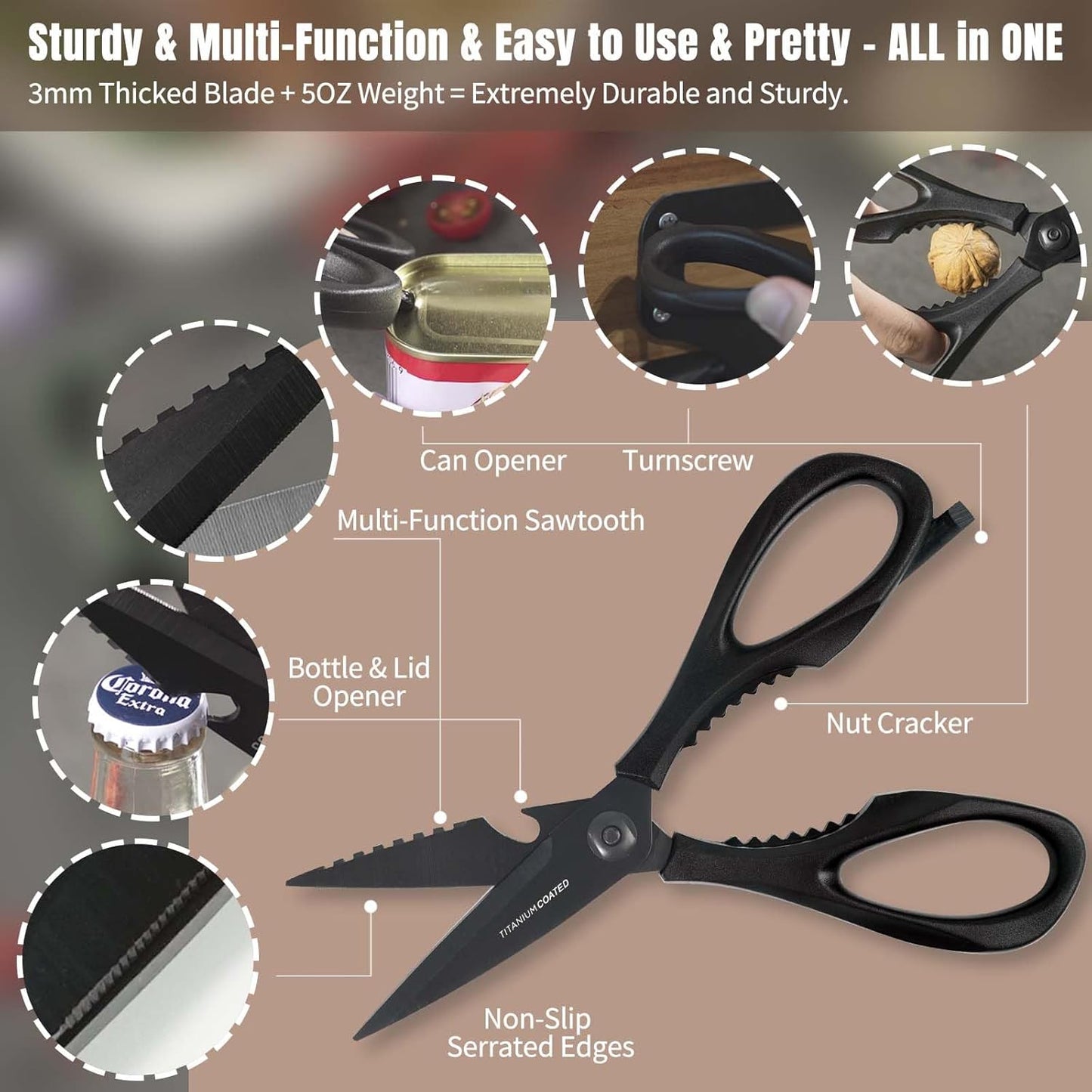 Kitchen Scissors All Purpose, Extra Sharp Kitchen Shears with Knife Sharpener & Sheath, Solid & Durable Stainless Steel Scissors with ANTI-RUST Black Titanium Plated, Dishwasher Safe - Green