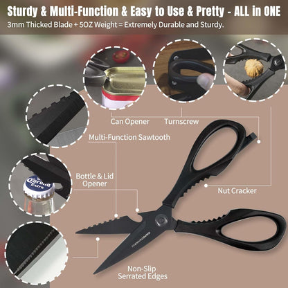 Kitchen Scissors All Purpose, Extra Sharp Kitchen Shears with Knife Sharpener & Sheath, Solid & Durable Stainless Steel Scissors with ANTI-RUST Black Titanium Plated, Dishwasher Safe - Green